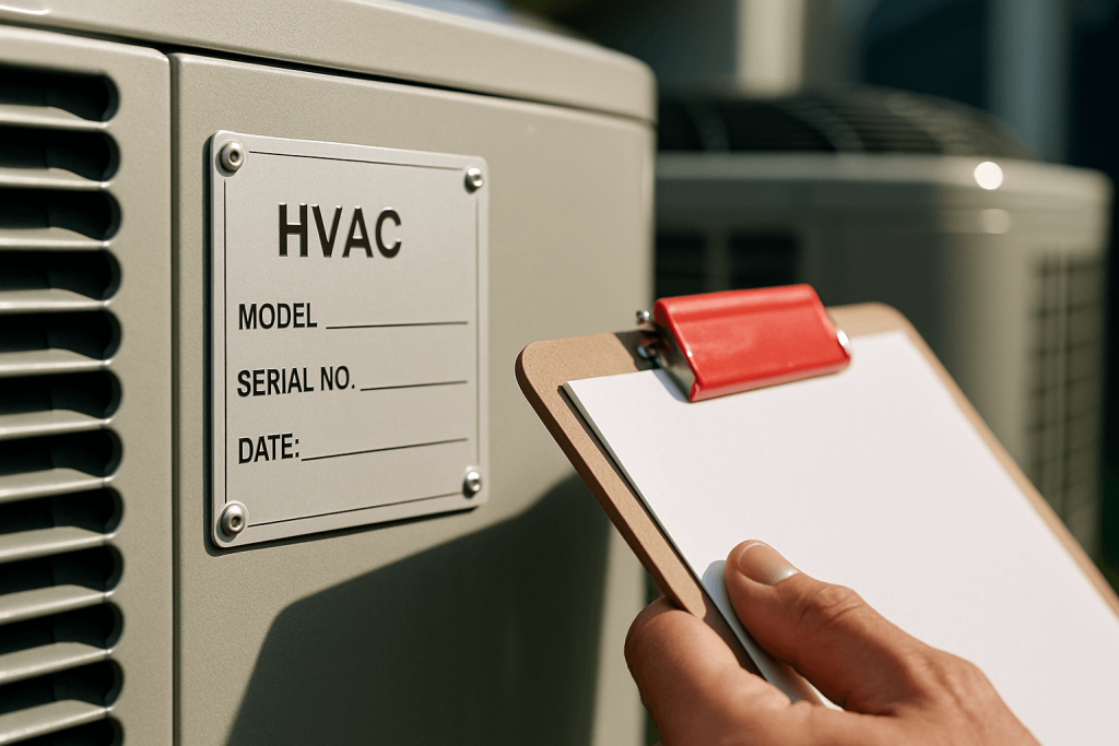Closeup of HVAC unit nameplate for homeowner’s guide to HVAC warranties