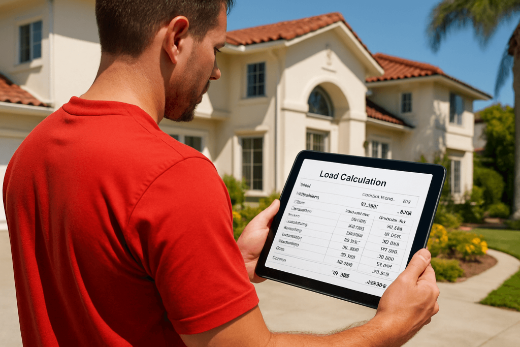 Technician using a tablet for HVAC load calculation outside a home
