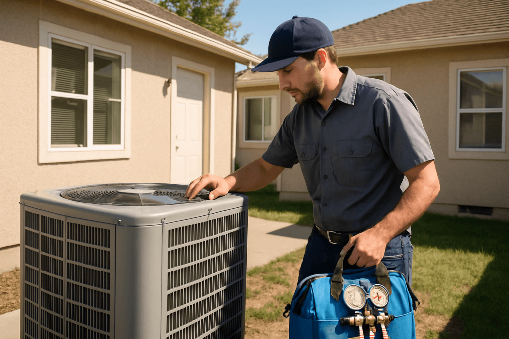 Technician performing maintenance on outdoor HVAC unit for rental properties