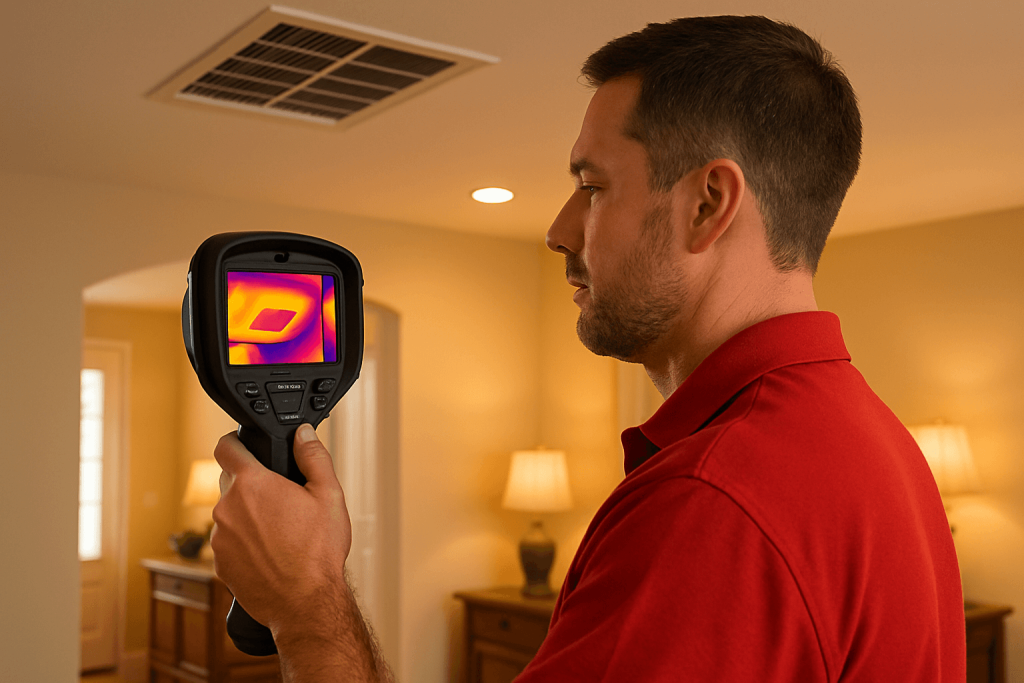 Professional using a thermal camera for HVAC energy audit