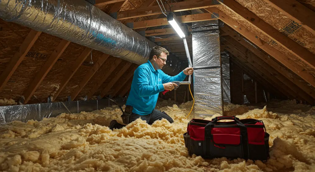 HVAC technician sealing ductwork in attic insulation.