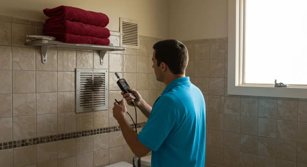 Technician testing bathroom vent for mold-prevention airflow.