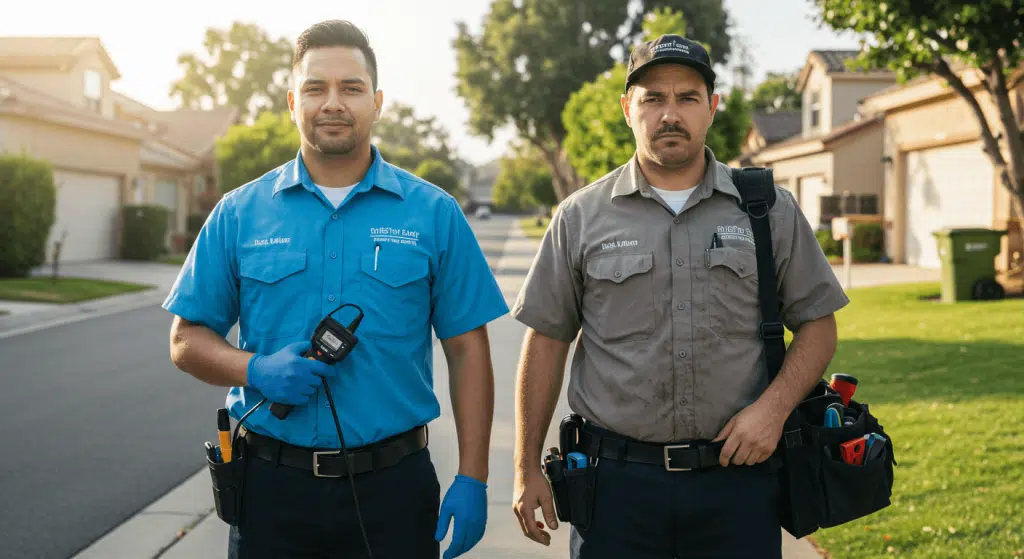 Two HVAC technicians standing in residential area—highlighting consumer caution.