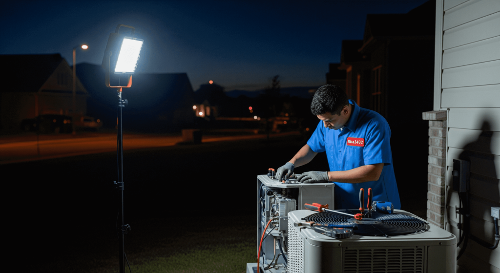Technician performing a 24/7 emergency HVAC visit in San Diego County at night.