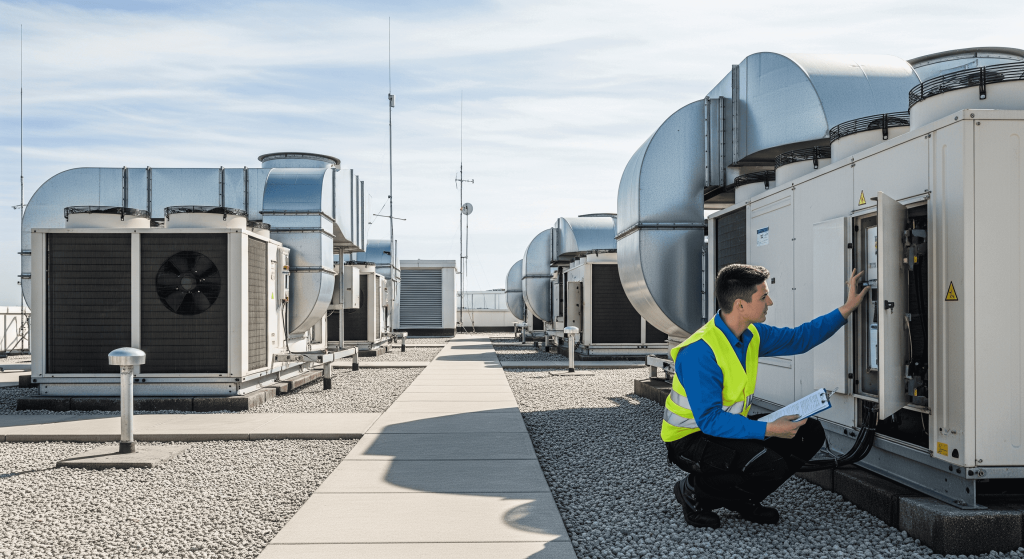Specialist inspecting rooftop commercial units for HVAC energy efficiency upgrades.