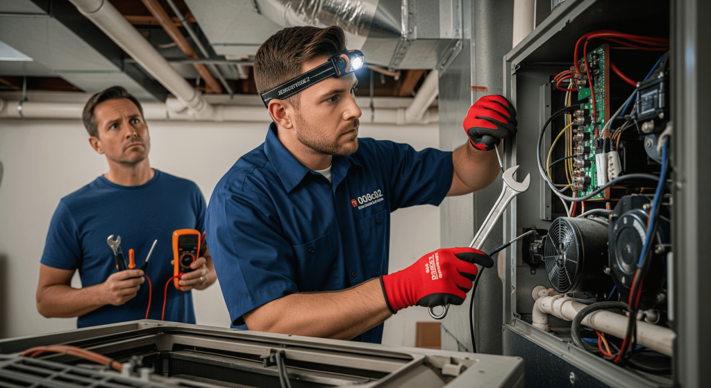 Technician safely repairing HVAC system to highlight hidden dangers of DIY HVAC repairs.