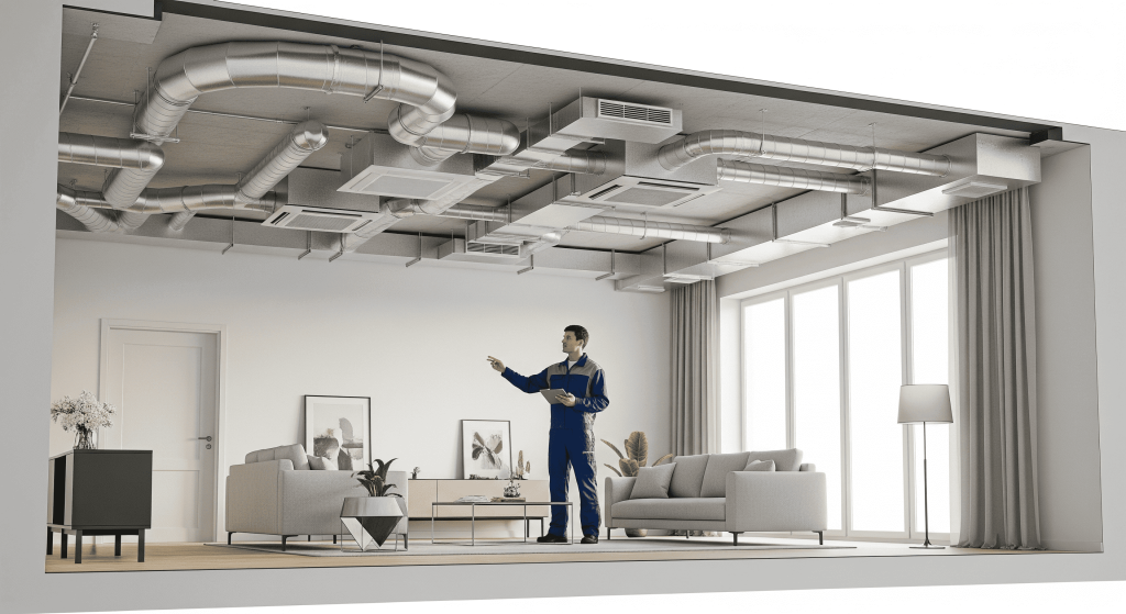 Technician reviewing ductwork layout to show how HVAC design impacts indoor comfort.
