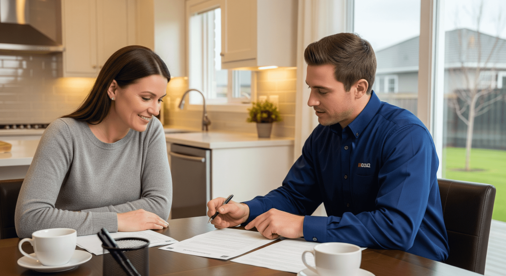 Homeowner discussing HVAC financing plan for home improvement with a consultant.