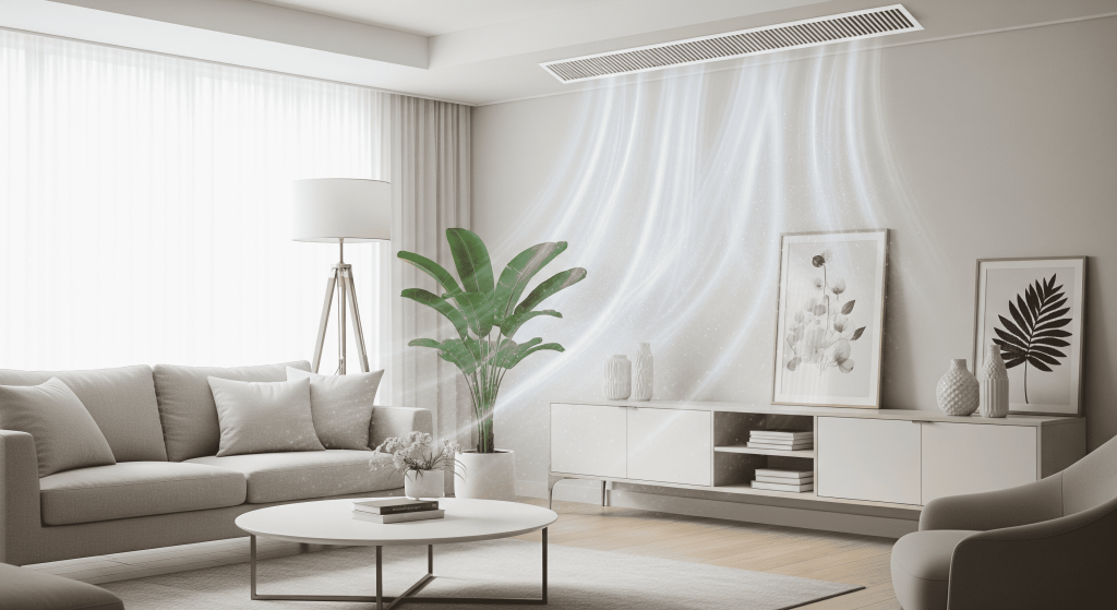 Clean airflow inside a California living room showing indoor air quality improvements.