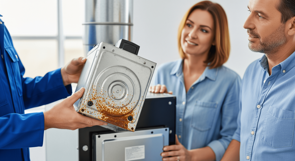 Showing rusted furnace component to homeowners