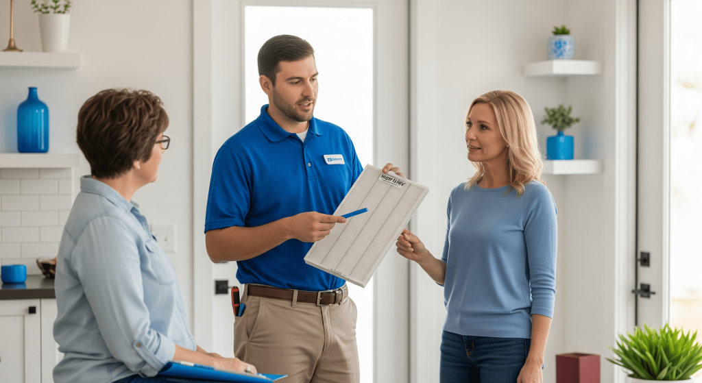 HVAC technician explaining MERV filter to homeowners