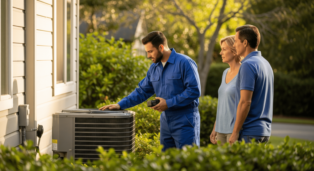 Inspecting outdoor HVAC unit in coastal Encinitas