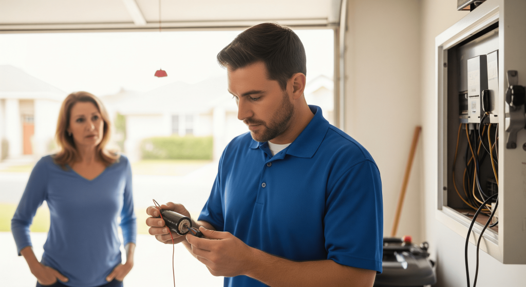 Technician diagnosing electrical HVAC part