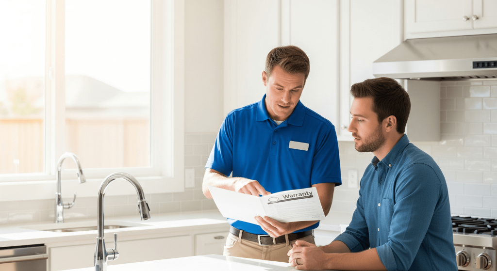 Reviewing HVAC warranty documents in kitchen