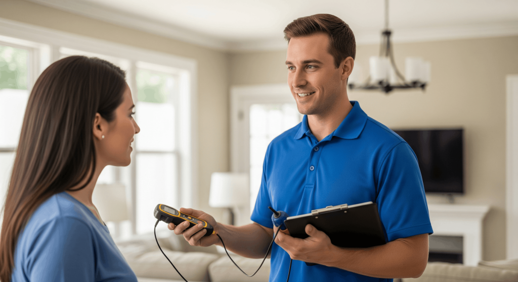 HVAC system audit technician discussing airflow and energy loss results with homeowner