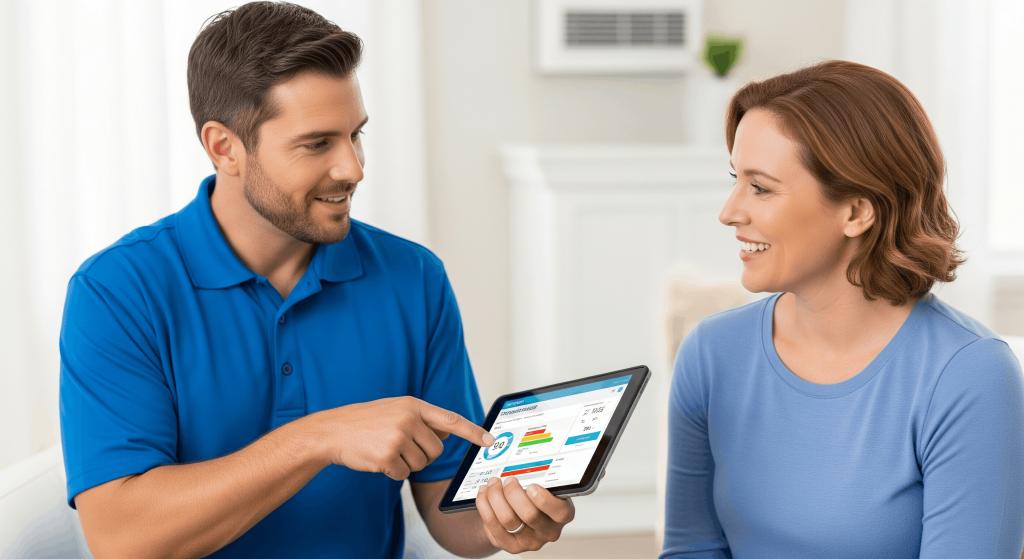 Professional HVAC auditors reviewing performance data and comfort improvements with homeowner