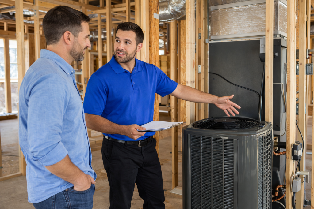 Technician discussing AC warranty in new construction home