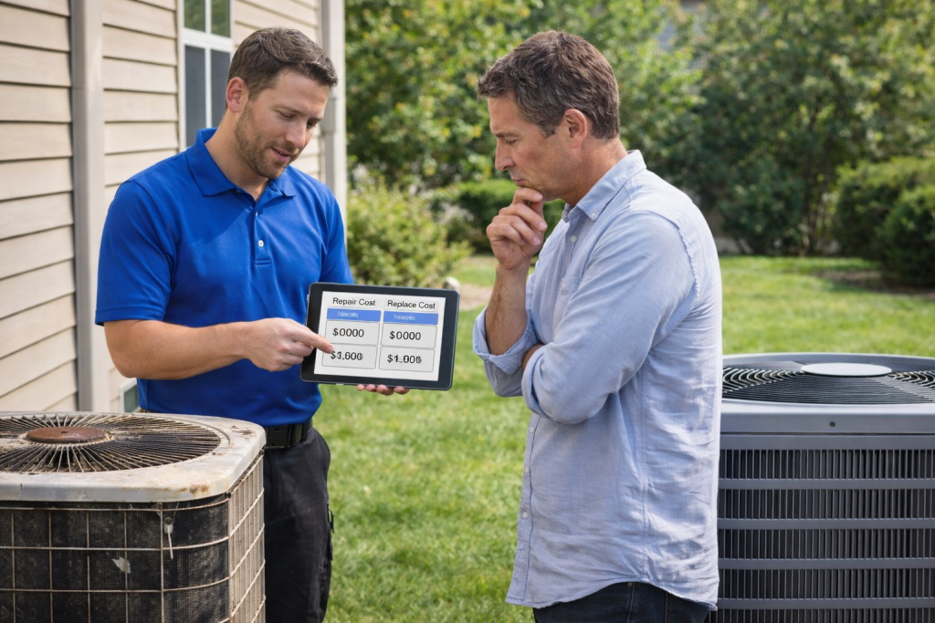 Technician explaining HVAC 5000 Rule repair vs replacement cost