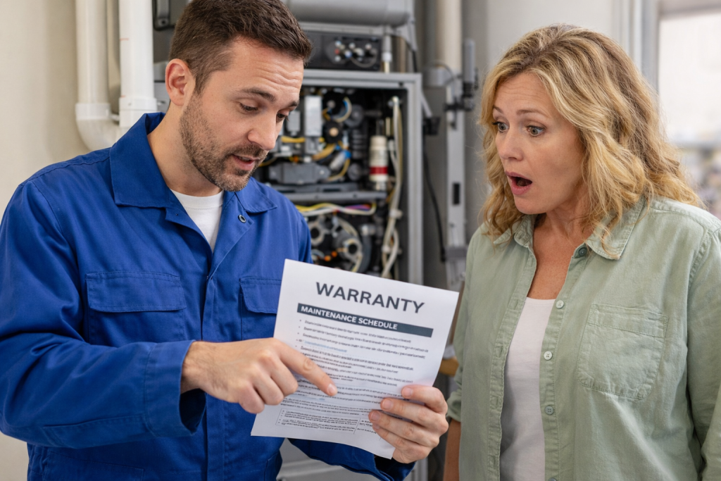 Technician explaining HVAC warranty mistakes to homeowner