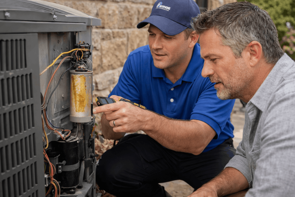 AC repair San Marcos technician inspecting faulty condenser component