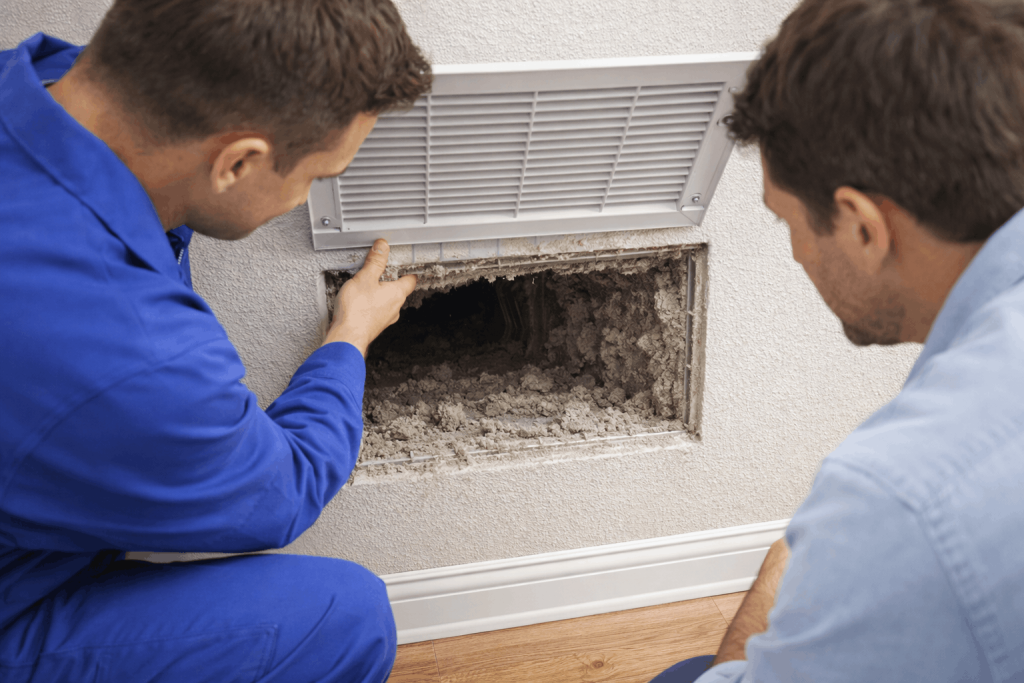 air duct cleaning service showing dirty clogged home duct vent
