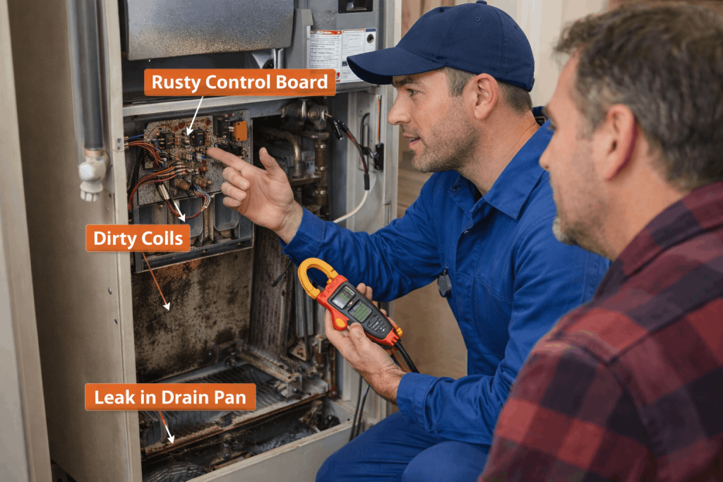 Vista HVAC technician identifying dirty coils and system issues