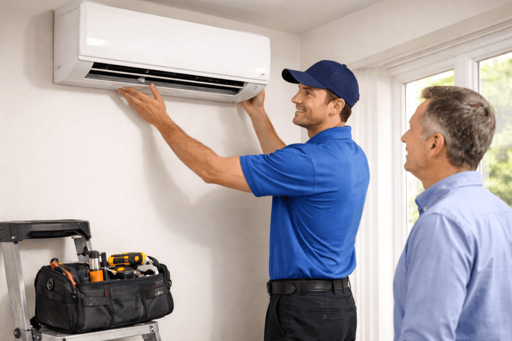 ductless mini split installation San Marcos technician mounting indoor unit
