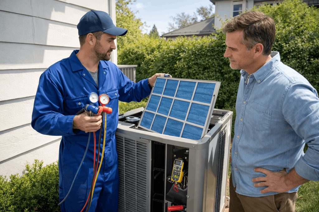 seasonal HVAC tune-up in San Marcos technician checking AC unit filter