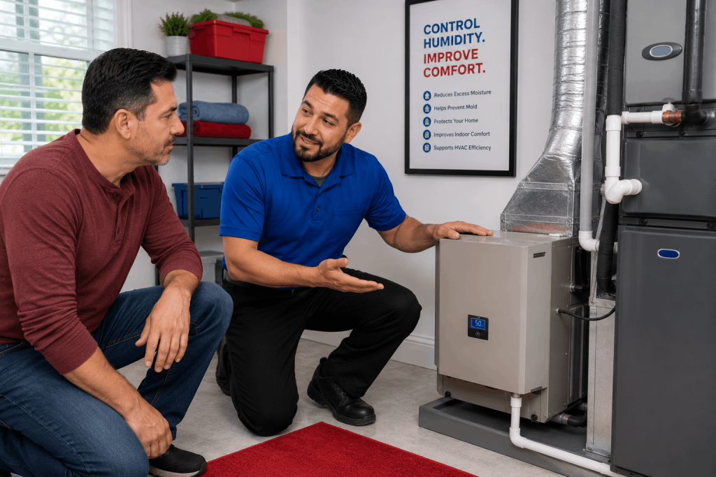 Technician showing whole home dehumidifier system installed beside residential HVAC equipment