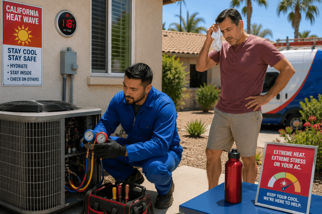 Technician servicing California heat wave HVAC system during extreme outdoor temperatures