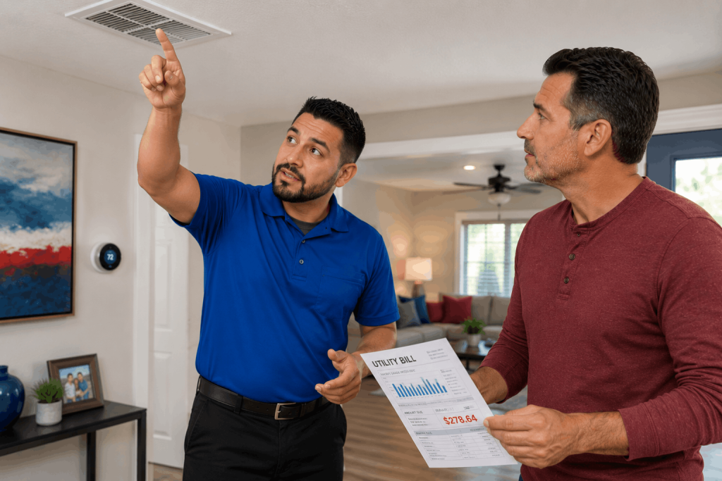 HVAC technician testing airflow issues inside home with homeowner reviewing utility bill