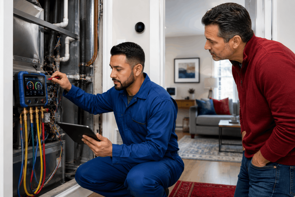 Technician performing predictive HVAC maintenance inspection on residential furnace system