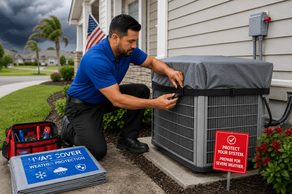Technician installing protective cover while protecting outdoor HVAC unit before severe weather