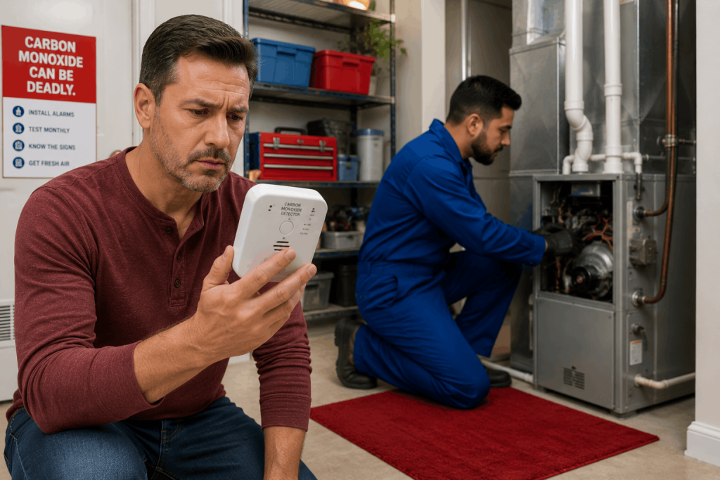 Homeowner checking carbon monoxide detector while technician inspects furnace system