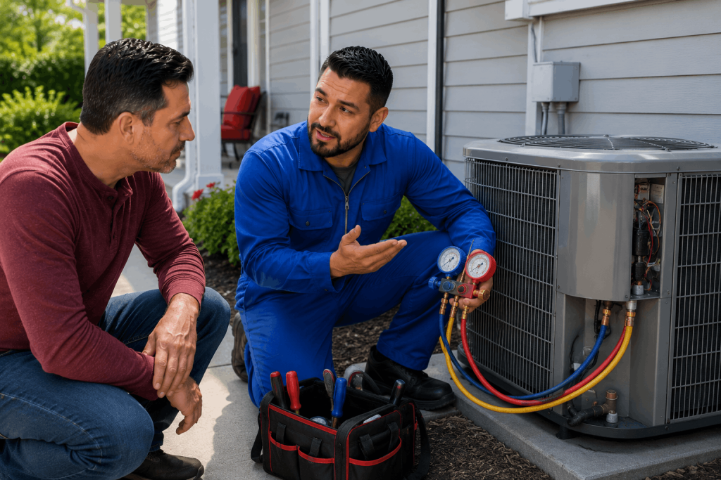 Technician diagnosing short cycling AC unit outside residential home