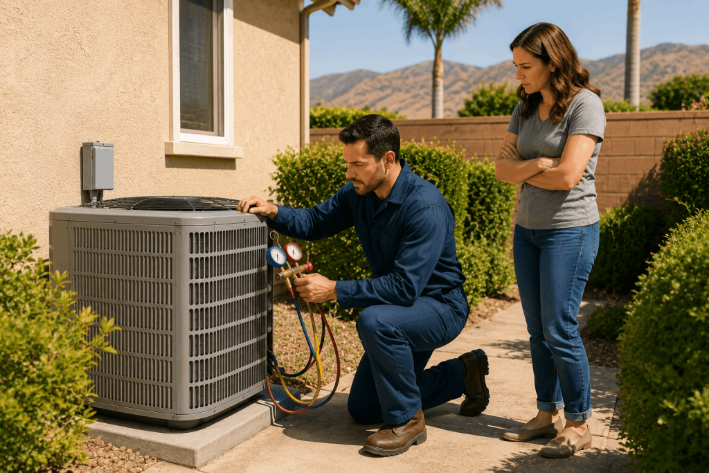 Technician performing extreme heat preparation on outdoor AC unit