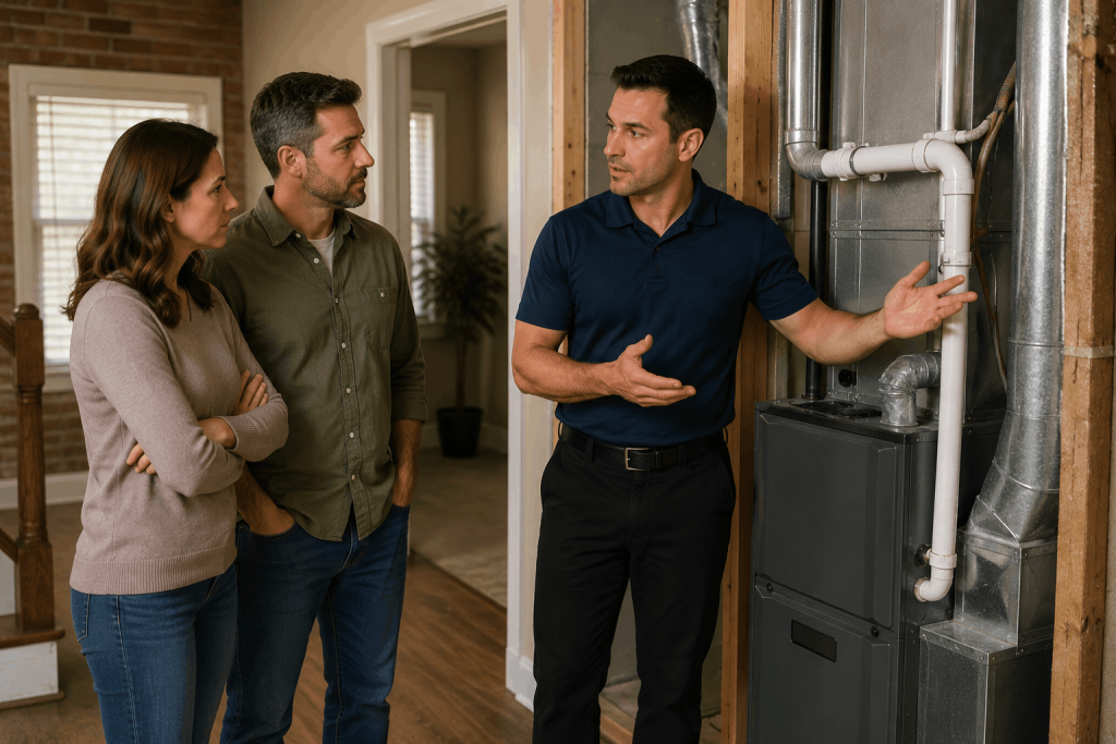 Technician discussing older home HVAC upgrades with homeowners