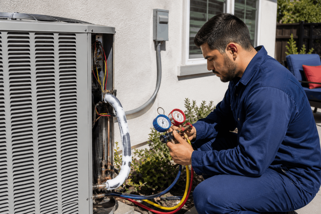 HVAC technician checking refrigerant levels on an outdoor AC unit