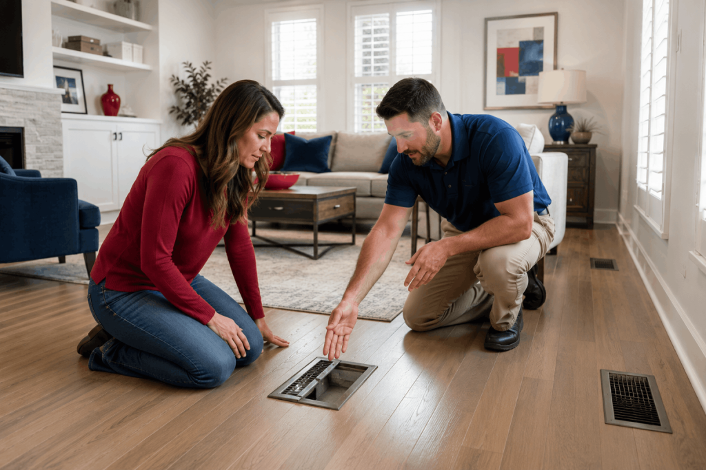 HVAC technician explaining airflow from a floor air vent to a homeowner