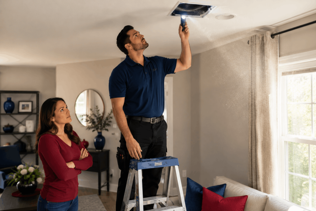 HVAC technician inspecting a dusty ceiling air vent in a home