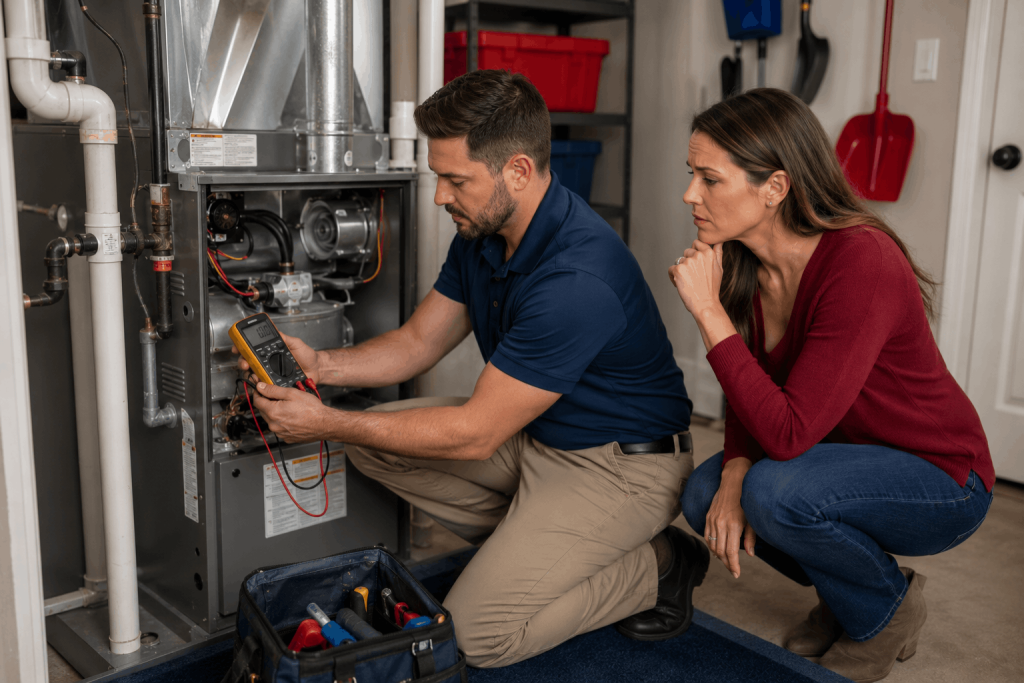 HVAC technician diagnosing a residential furnace with homeowners present
