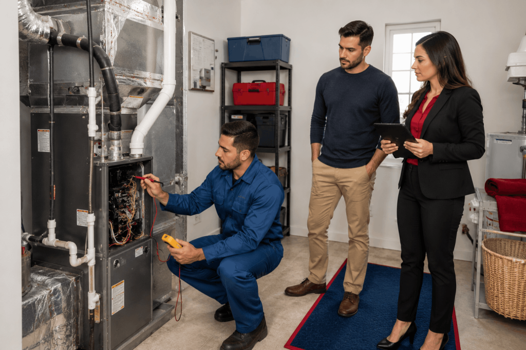 HVAC technician inspecting a residential HVAC system with homebuyers