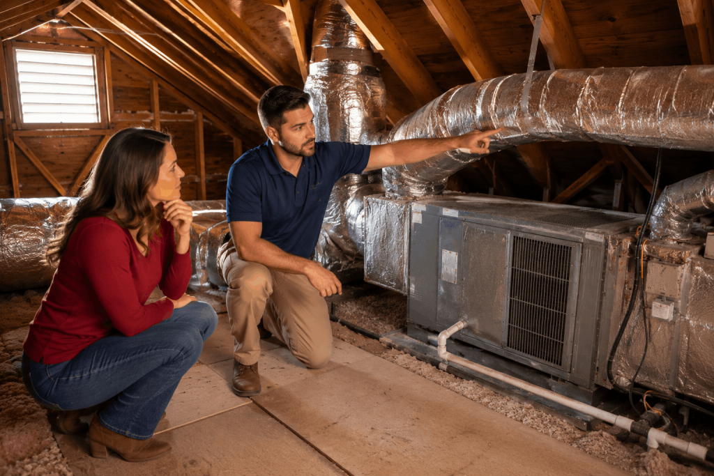 HVAC technician inspecting ductwork in an older home's attic