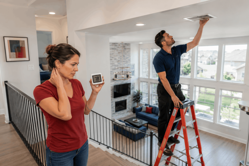 HVAC technician inspecting a ceiling air vent in an upstairs hallway