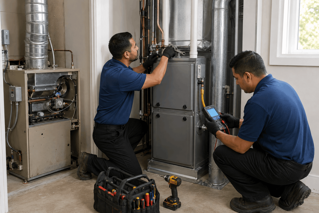 What happens during furnace installation with technicians testing new furnace