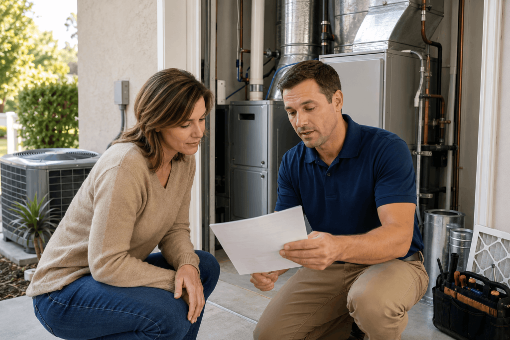 HVAC replacement cost consultation with homeowner and technician