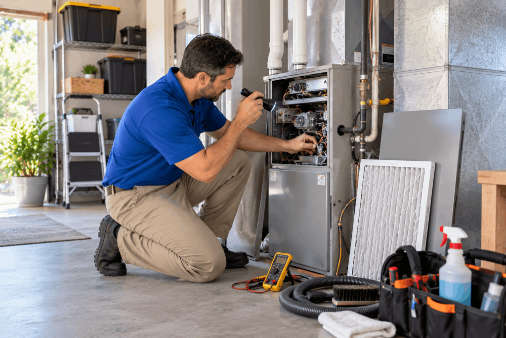 Technician inspecting furnace for HVAC maintenance plan coverage