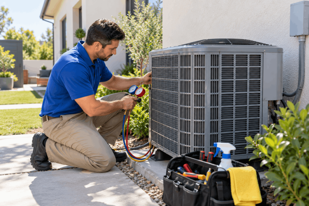 Technician servicing outdoor unit for HVAC maintenance plan vs tune-up