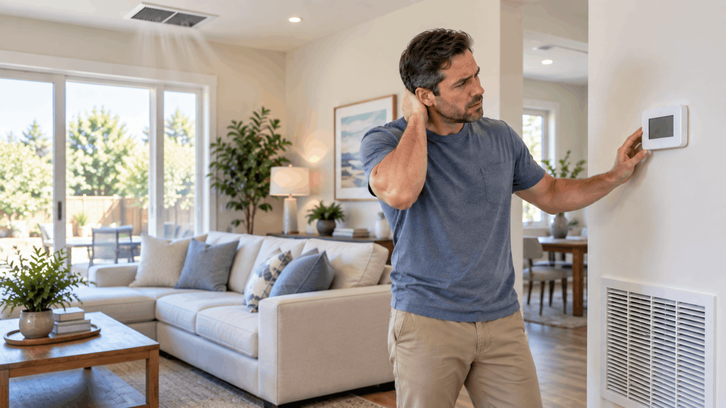 Homeowner checking thermostat with HVAC not reaching set temperature