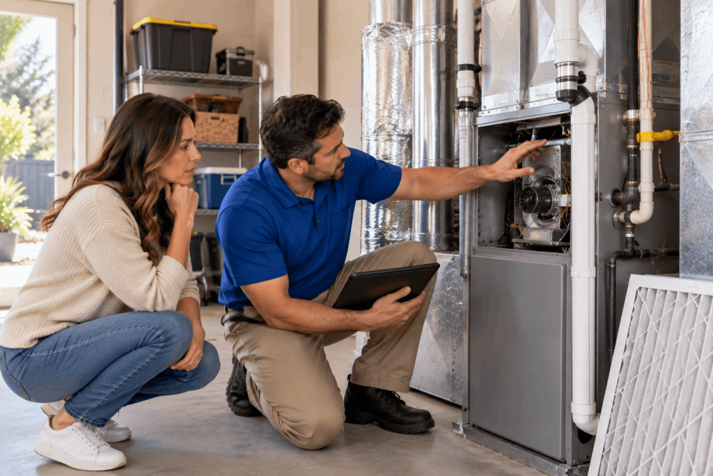 Technician discussing HVAC replacement second opinion with homeowner